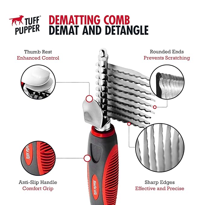 Detangling Comb For Dogs & Cats – Dematting Tool For Dogs Easily & Safely Remove Dead, Matted Or Knotted Hair | Ergonomic, No-Slip Safety Handle Provides Precision Control Against The Toughest Knots