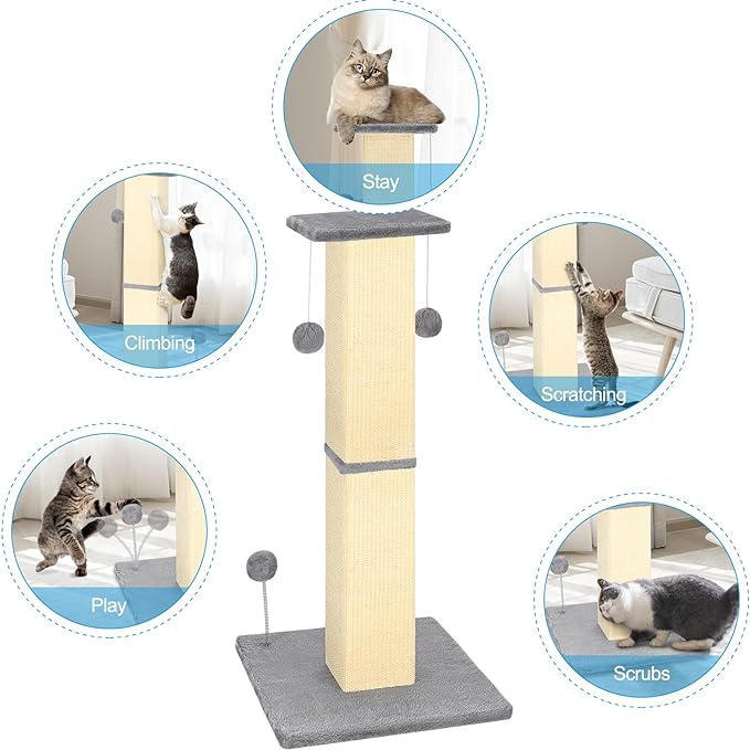 33" Tall Cat Scratching Post, Heavy Duty and Thicker Cat Scratching Post,Large Cat Scratcher with Two Hanging Ball for Indoor Cats and Adult,Sisal Cat Scratcher Protect Your Furniture(Grey)