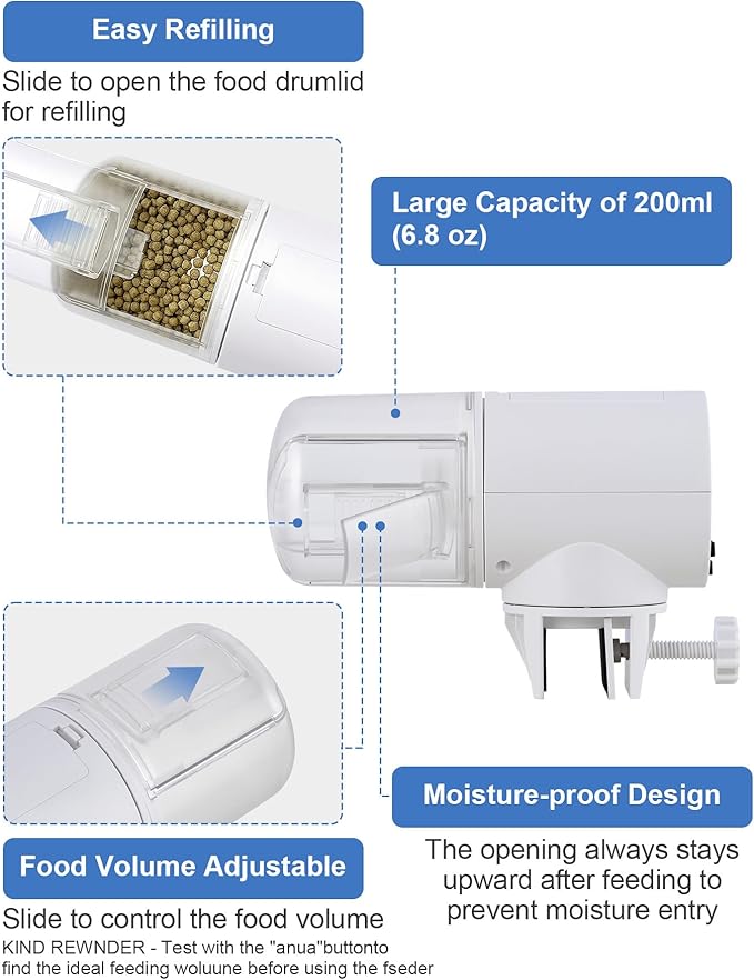 Automatic Fish Feeding Machine, Suitable for Aquarium or Fish Tank, Weekend and Holiday Display Battery Powered Fish Food Moisture-Proof Goldfish Turtle Food Distribution Machine,200ml Large Capacity