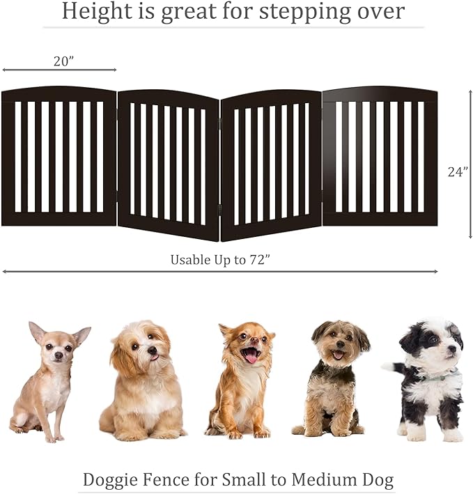 PAWLAND Wooden Freestanding Foldable Pet Gate for Dogs, 24 inch 4 Panels Step Over Fence, Dog Gate for The House, Doorway, Stairs, Extra Wide (Espresso, 24" Height-4 Panels)