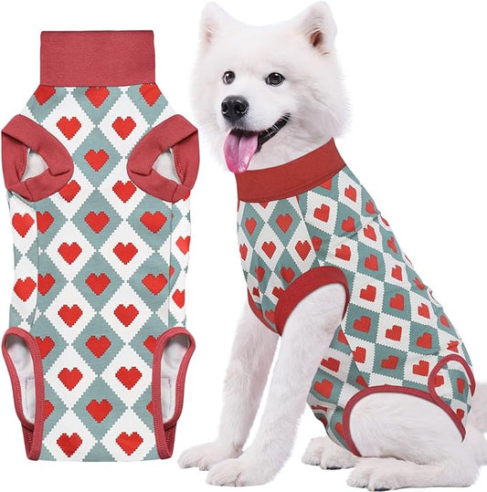 Recovery Suit for Dogs, Dog Recovery Suit Male Female Post Spay, Neuter, Abdominal Surgery Recovery Suit with an Inner Layer Pocket, Prevent Licking Soft Breathable Cotton, Red, Large+