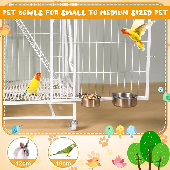 2 Pcs Bird Bowls for Cage Stainless Steel, Small Bird Cage Feeding Dish Cups, 10Oz + 17Oz Detachable Parrot Water Feeder Bowls with Clamp Pet Food Water Hanging Bowls for Small Dog Cat