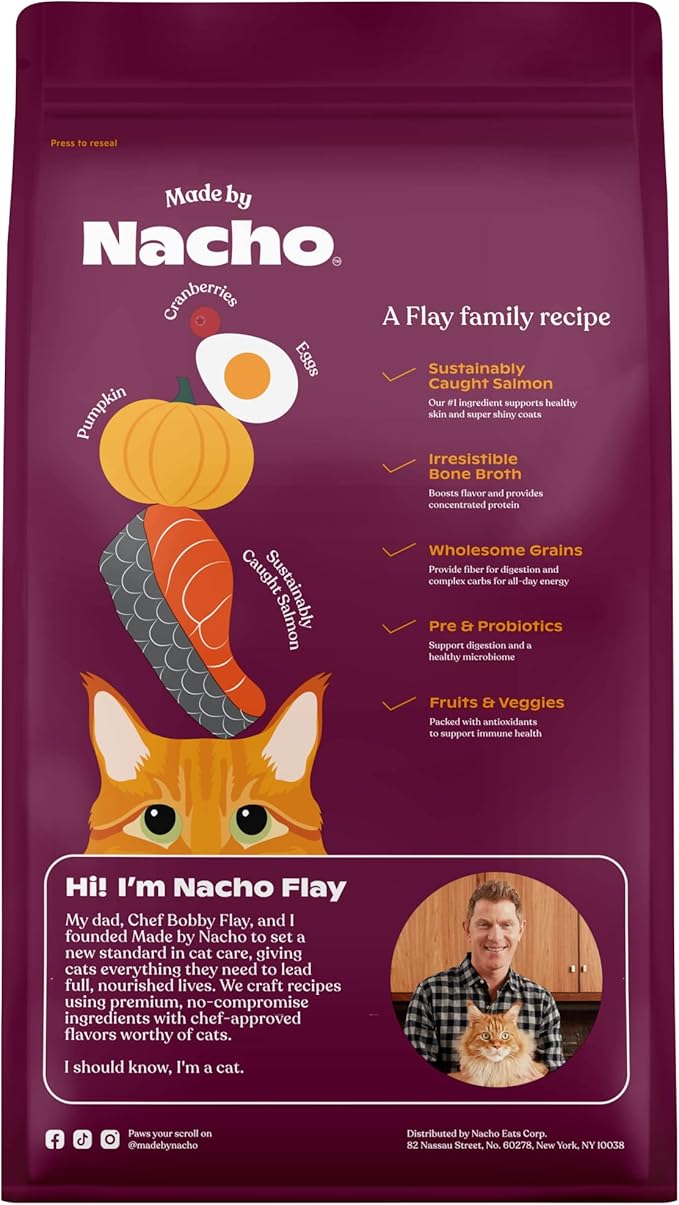 Made by Nacho Bone Broth Infused Dry Cat Kibble - Sustainably Caught Salmon and Pumpkin - Premium Grain-Friendly Cat Food 4lb Bag, Limited Ingredients