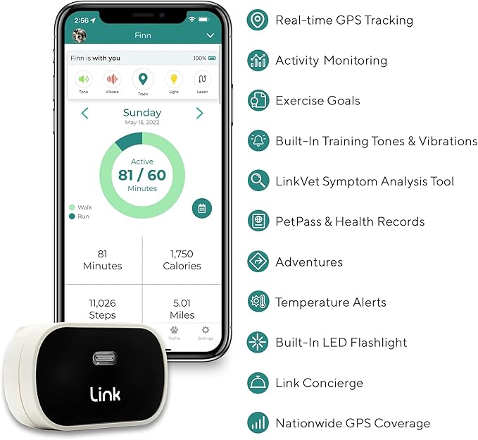 Link GPS Dog Tracker + Activity Monitor | Training Tools, Health Tracker, Waterproof, Flashlight, Lightweight, PetPass & Vet Record Storage, Fits On Most Collars | iPhone & Android Apps