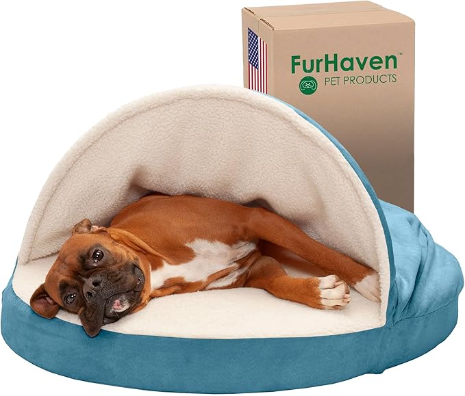 Furhaven 35" Round Memory Foam Dog Bed for Large/Medium Dogs w/ Removable Washable Cover, For Dogs Up to 50 lbs - Sherpa & Suede Snuggery - Blue, 35-inch