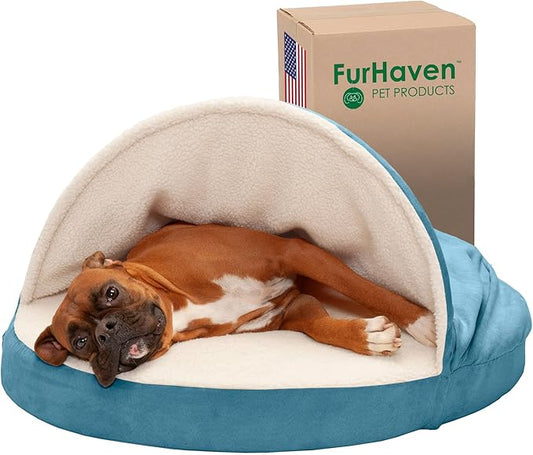 Furhaven 35" Round Memory Foam Dog Bed for Large/Medium Dogs w/ Removable Washable Cover, For Dogs Up to 50 lbs - Sherpa & Suede Snuggery - Blue, 35-inch