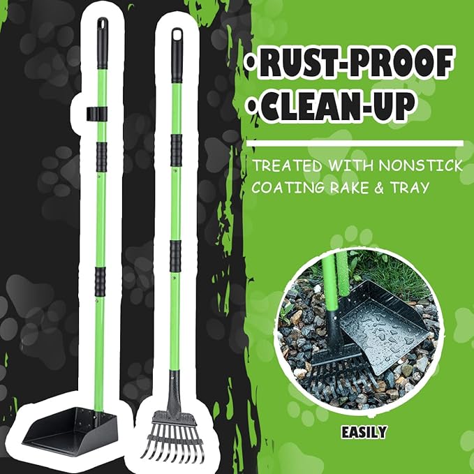 Pooper Scooper, Dog Pooper Scooper Long Handle Stainless Metal Tray and Rake Set for Medium Small Dogs Heavy Duty - Use on Grass, Dirt or Gravel - Pet Supplies (Green)