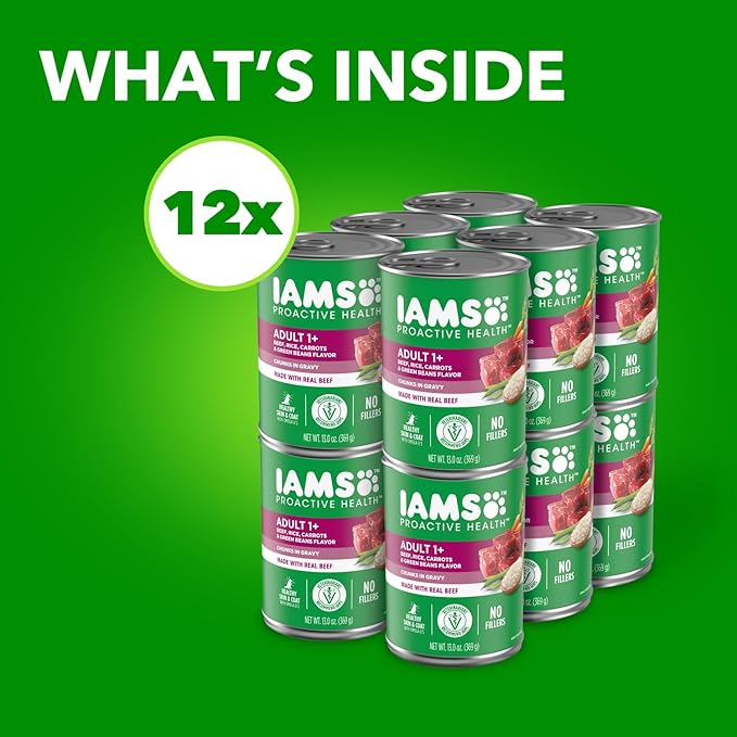 IAMS PROACTIVE HEALTH Adult Wet Dog Food Chunks in Gravy Beef, Rice, Carrots & Green Beans Flavor, 12-Pack of 13 oz. Cans