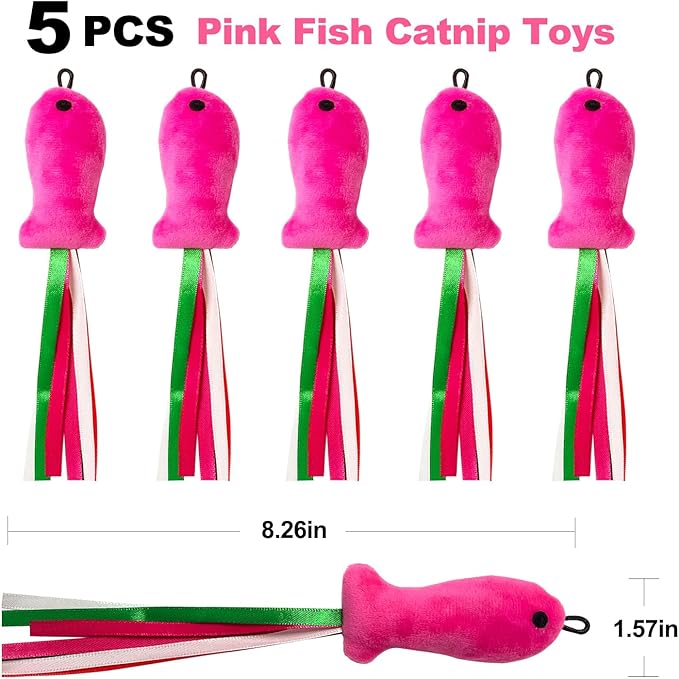 Cat Plush Toy Pink Fish, 5 PCS Catnip Toys for Cats, Soft Catnip Toys Filled Plush, Feather Teaser Accessories for Interactive Cat Wand Toy, Cat Chew Kicker Toys for Indoor Cats Kitten Exercise