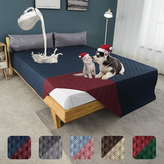 Topthumbs100% Waterproof Dog Bed Cover 102x82 inch Reversible Changing Pad Reusable Camping Mat for Kids/Pet/Dog/Cat Washable Geometric Embroidery Blanket Patchwork Navy+Burgundy