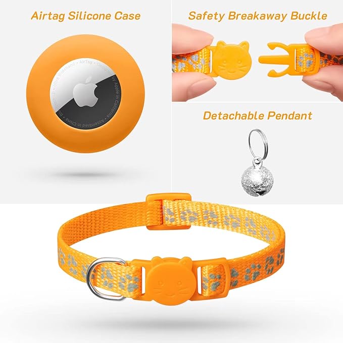 2 Pack Airtag Cat Collar Breakaway with Bell,Reflective Kitten Collar with Apple Airtag Cat Collar Holder,Adjustable 7-12In,Safety Buckle for Girl Boy Cats,Pet Supplies,Accessories,Gifts(Orange)