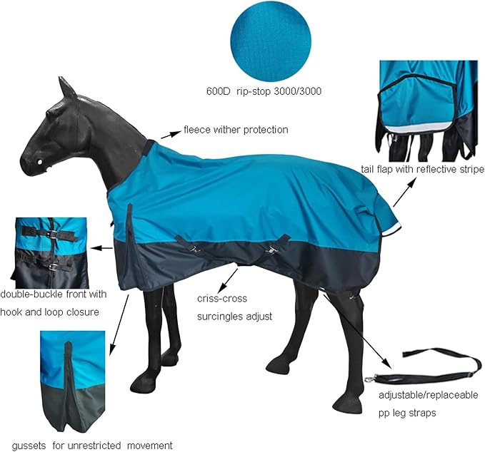 600Denier Waterproof and Breathable Horse Sheet Rip-Stop Turnout Rain Sheet Horse Blanket with Removable Leg Straps