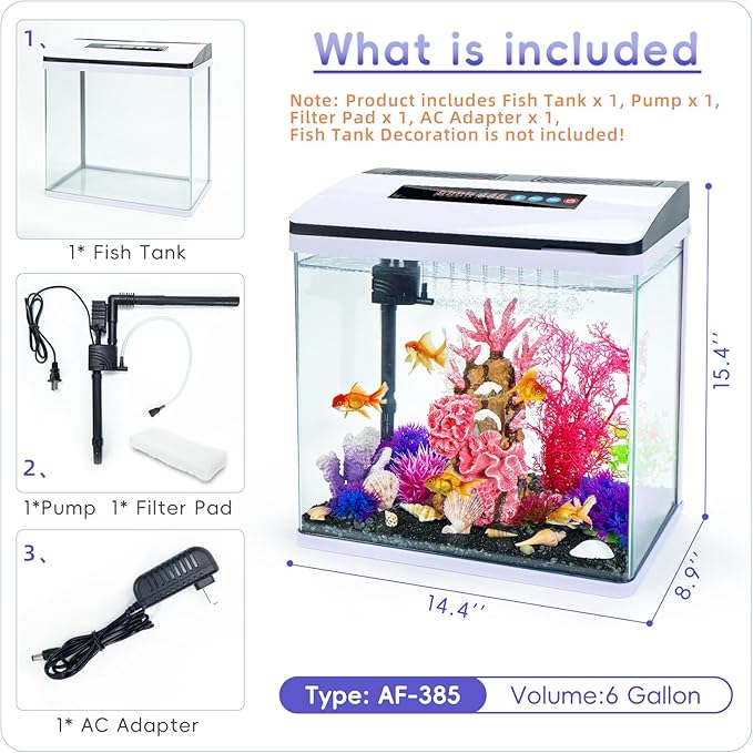 6 Gallon Glass Aquarium Fish Tank Starter Kit with Temperature and Time Display for Betta Fish Featuring Crystal Clear 360° Viewing, Eco-Cycle Filtration, Air Pump