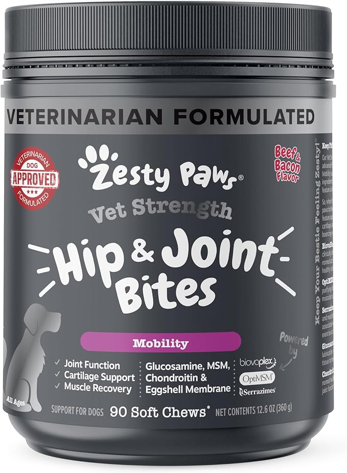 Zesty Paws Vet Strength Mobility Bites Beef & Bacon Flavor Hip & Joint Support Chews for Dogs with Glucosamine, Chondroitin, MSM, Hyaluronic Acid & Serrazimes - 90 Count