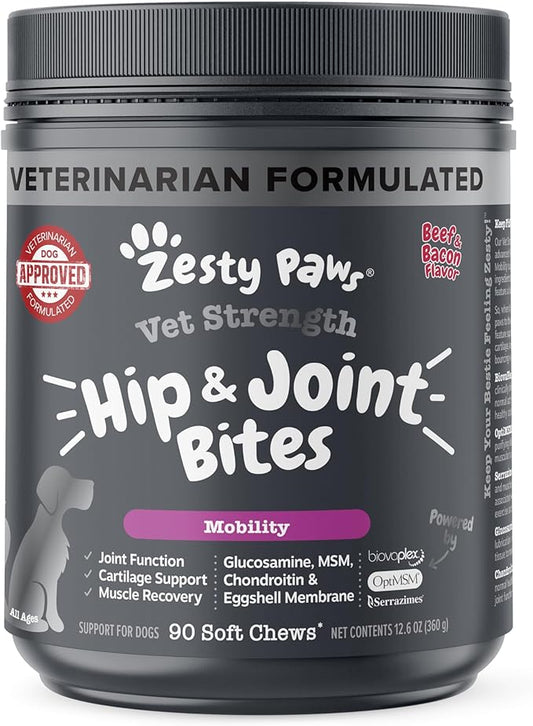 Zesty Paws Vet Strength Mobility Bites Beef & Bacon Flavor Hip & Joint Support Chews for Dogs with Glucosamine, Chondroitin, MSM, Hyaluronic Acid & Serrazimes - 90 Count