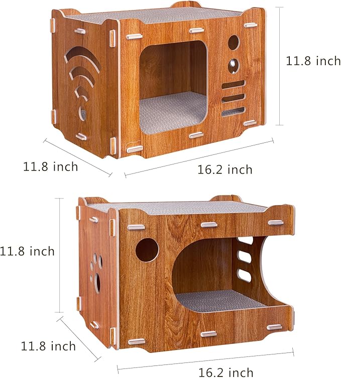 Wooden Cardboard Cat House 2 Story with 4 PCS Cat Scratch Pads Wood Cat Scratcher House Cat Scratchers Lounge Bed for Indoor Cats Cute Cat Box Cat Scratching House(Double Layer)