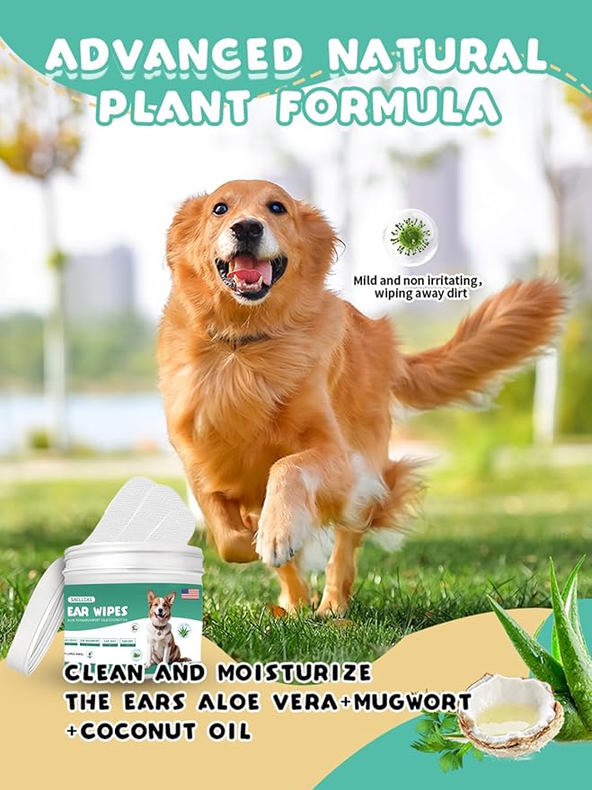 Ear Wipes for Dogs,Otic Cleanser for Dirty, Waxy, Smelly Ears - Large and Premium Strength Pet Ear Cleaner Wipes with Natural Aloe and Mugwort,Dog Ear Cleaning Wipe-100 Count