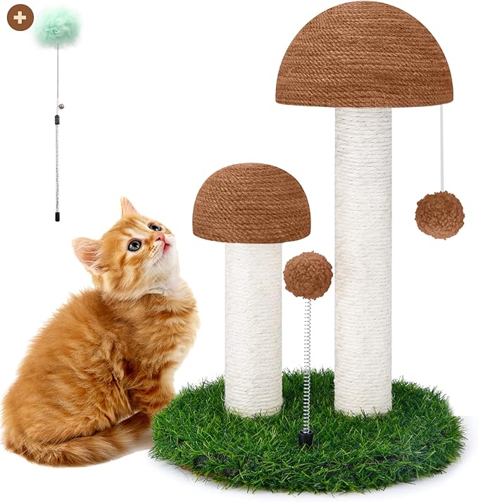 Odoland Cat Scratching Post Mushroom Natural Durable Sisal Board Scratcher for Kitty’s Health and Good Behavior, Furniture Scratch Deterrent Accessories for Cats Brown