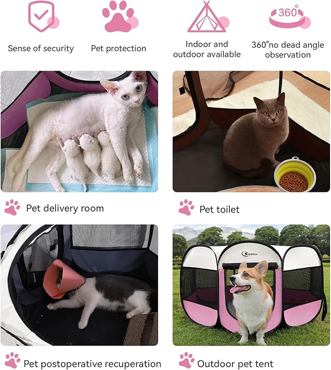 Pink Puppy Playpen for Middle Dog Cat, Dog Tent Crates Cage Indoor/Outdoor, Portable Pop Up Dog Kennel with Carrying Bag for Rabbits, Removable Top (Pink, Medium (36" x 36" x 23"))