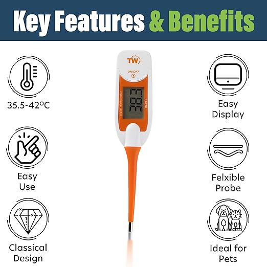 Premium Pet Thermometer for Dogs and Cats Animal Owners of Dog Puppy Cat Horse Equine Flexible Digital Rectal Temperature Dog Thermometer Probe with Vets Veterinary Hobdays Chart