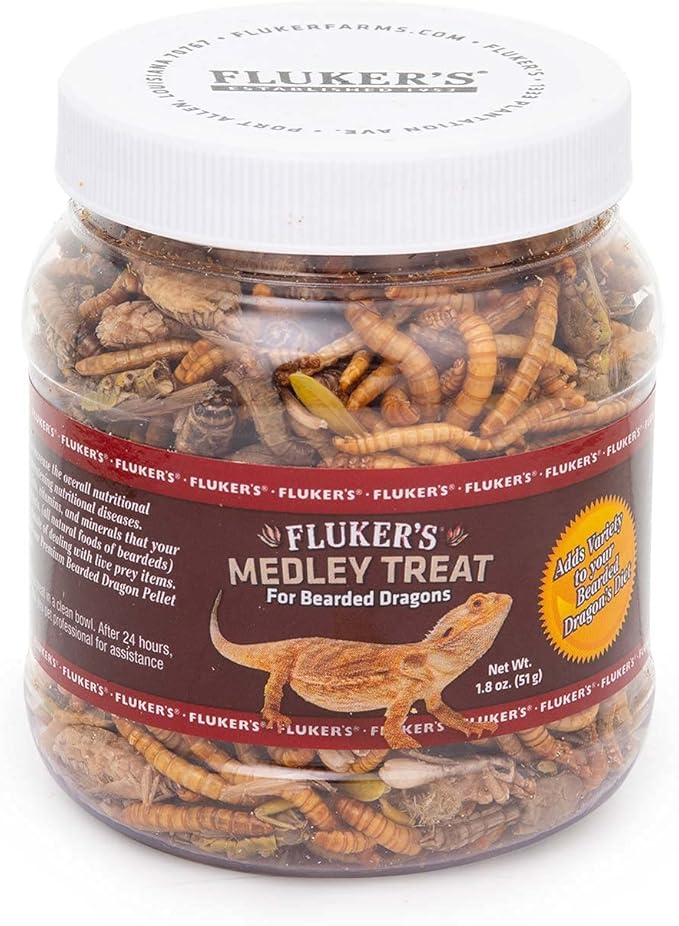 Fluker's Medley Treat for Bearded Dragons, Grasshoppers, Mealworms and Crickets, 1.8 oz