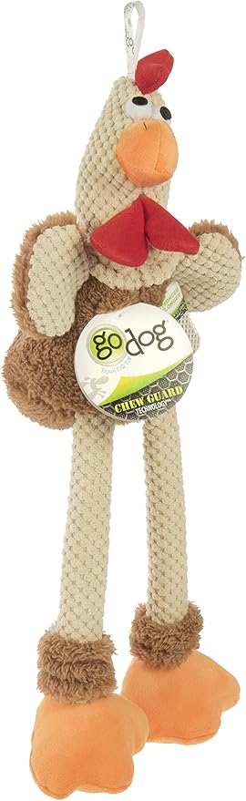 goDog Checkers Skinny Rooster Squeaky Plush Dog Toy, Chew Guard Technology - Brown, Large