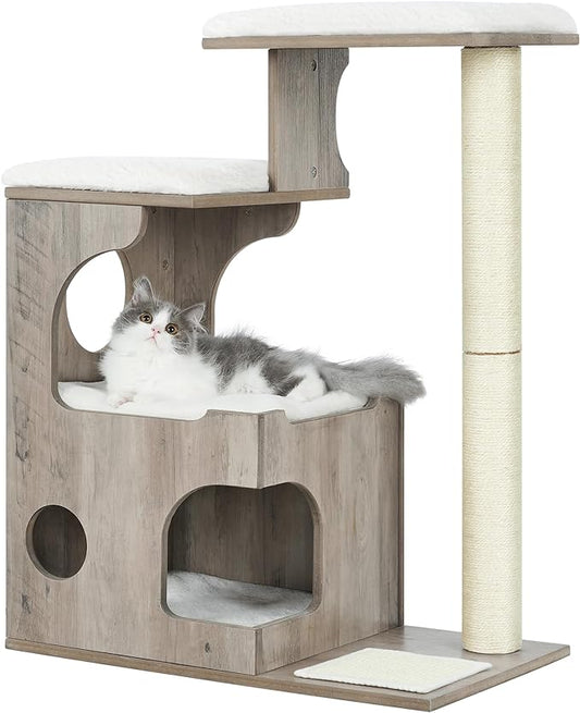 Feandrea WoodyWonders Cat Tree, 33.8-Inch Modern Cat Tower, Cat Condo with 3 Perches, Scratching Post and Mat, Cave, 4 Removable Washable Cushions, Heather Greige UPCT070G01