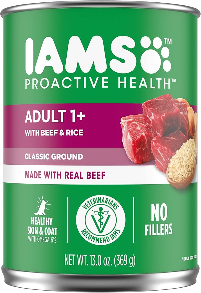 IAMS PROACTIVE HEALTH Adult Wet Dog Food Classic Ground with Beef and Whole Grain Rice, 12-Pack of 13 oz. Cans