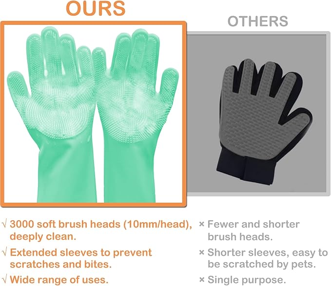 Pet Grooming Gloves, Dog Bathing Gloves with High-Density Teeth, Heat Resistant Silicone Cat Hair Remover with Enhanced Five Finger Design, Bathing and Massaging for Dogs and Cats (Green)