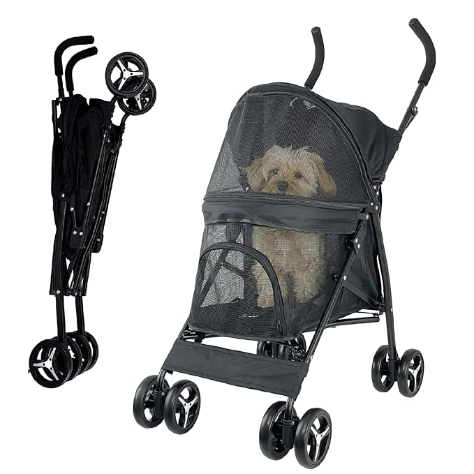 Umbrella shaped Lightweight 4 Wheel Dog Stroller for Medium Small Dogs, Portable Compact Pet Stroller with Breathable Mesh, Perfect for Travel,Jogging,up to 22lbs(Black)