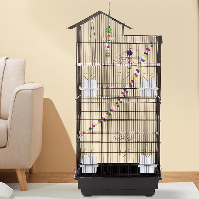 FDW 39 Inch Bird Cage Parakeet Cage with Play Top Rolling Stand & Easy Clean Pull-Out Tray Roof Top Parrot Cage for for Finches Canaries Parakeets Cockatiels & Other Small Birds, Black
