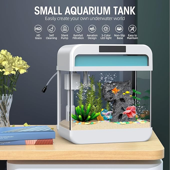 Fish Tank Aquarium 2.2 Gallon with Adjustable 3 Color Lighting Self Cleaning 3 in 1 Pump with Filteration, Oxygenation, Water Circulation Triple Function, HD Float Glass, Leak-Proof Thickened Base