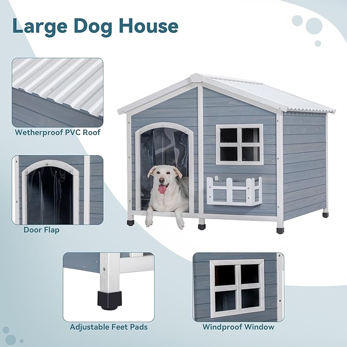 Petsfit 47" Dog House Outdoor with Waterproof PVC Roof, Extra Large Dog House for 2 Medium Dogs, Dog House Outdoor Large Breed, XXL Dog Houses with Window, Gray