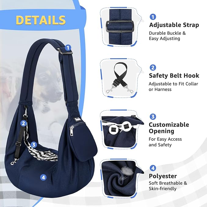 SlowTon Dog Carrier Sling - Thick Padded Adjustable Shoulder Strap Dog Carriers for Small Dogs, Puppy Carrier Purse for Pet Cat with Front Zipper Pocket Safety Belt Machine Washable (Navy Knitted, M)