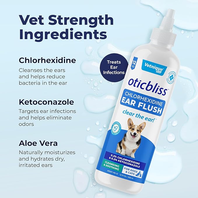 Vetnique Oticbliss Medicated Dog Ear Infection Treatment, Antiseptic Ear Cleaner for Cat & Dog Ear Cleaning Solution with Chlorhexidine & Ketoconazole (12oz Flush)