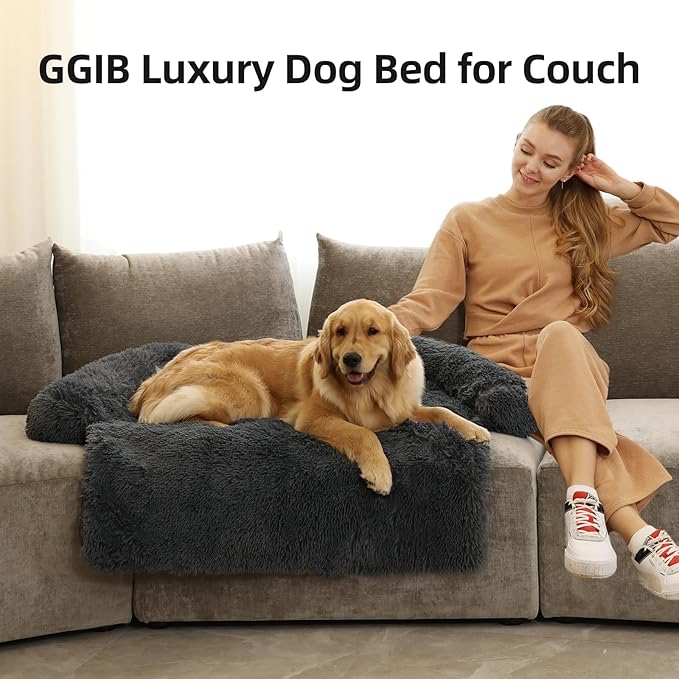 Calming Dog Bed Fluffy Plush Dog Mat for Furniture Protector with Removable Washable Cover for Large Medium Small Dogs and Cats (Extra Large(53x39.3x6), Dark Grey)