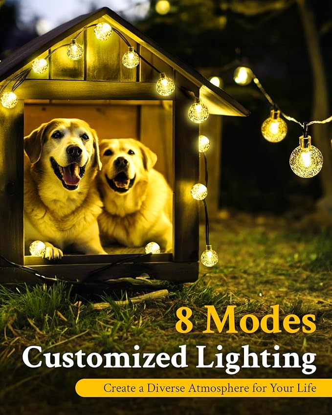 Dog House Decor Solar String Lights 1200mAh, Pet Supplies Decor with Battery String Lights for Cat Bed Pet House, Outdoor Dog Shelter Lights, 24.6ft 50 LED String Lights 8 Modes for Pets House Decor