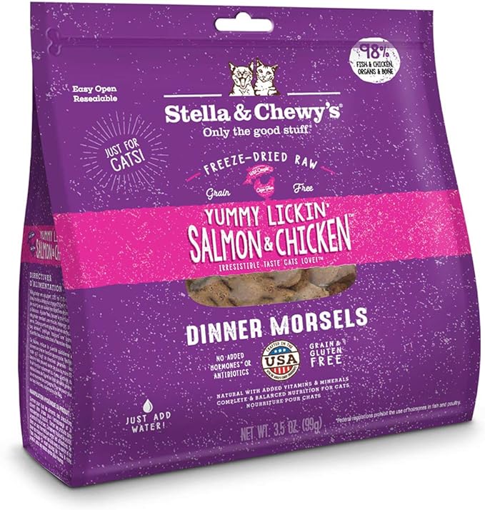 Stella & Chewy's Freeze-Dried Raw Cat Dinner Morsels – Grain Free, Protein Rich Cat & Kitten Food – Yummy Lickin’ Salmon & Chicken Recipe – 3.5 oz Bag