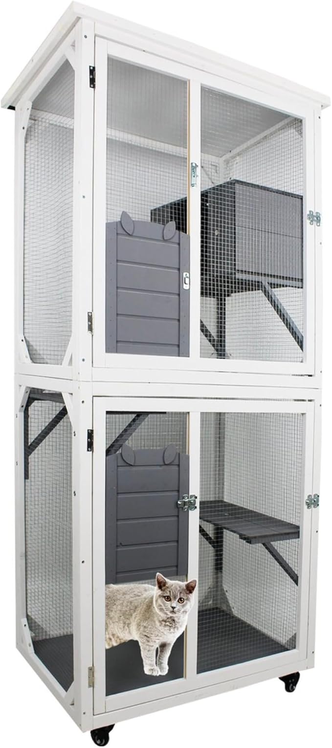 72 Inch Wooden Catio Outdoor Cat Enclosure on Wheels, Luxury Kitty-House with 2 Jumping Platforms & Weatherproof Asphalt Roof, Kitty Condo Cage Shelter Playpen with Sliding Doors