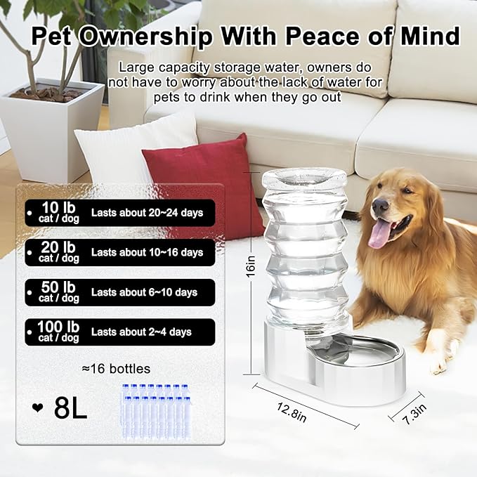 RIZZARI Upgraded 8L Automatic Gravity Dog Water Bowl Dispenser, 100% BPA-Free, Stainless Steel Cat Water Dispenser, Large Capacity Water Dispenser with Two Caps and Filters (8L+)