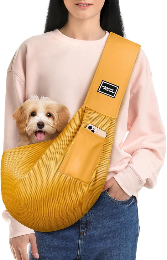 Dog Carrier Sling, Hand-Free Dog Sling Carrier for Small Dogs and Cats，Travel Safety Puppy Bag (Yellow)