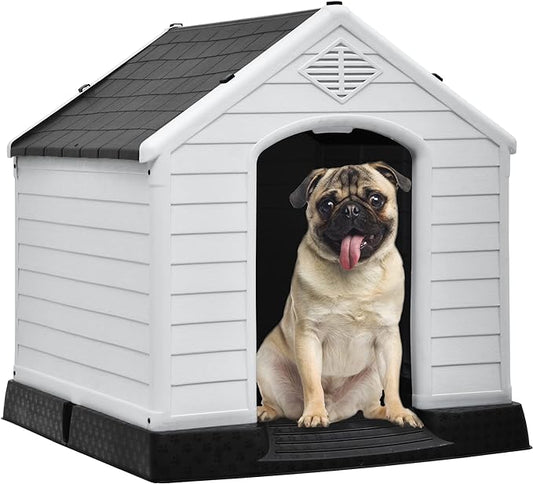 DWVO Large Outdoor Dog House, Plastic Doghouse with Air Vents and Ground Nails, Insulated Water Resistant Puppy Shelter for Small Medium Dogs (28.5''L x 26''W x 28''H, Gray)