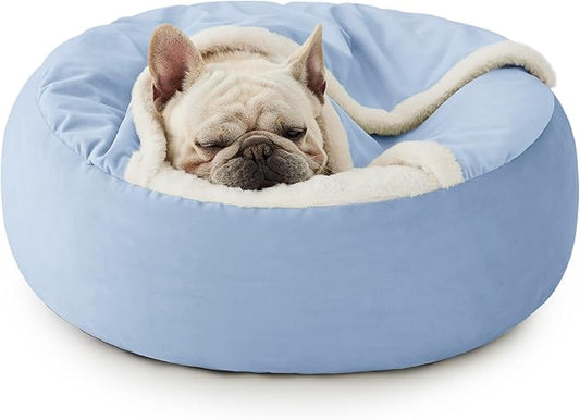 Lesure Medium Dog Bed with Cover Cave - Covered Round Dog Bed for Small and Medium Dogs, Machine Washable Burrow Pet Bed with Hooded Blanket, Cuddler Cozy Cave Dog Bed with Anti-Slip Bottom, Blue 26"