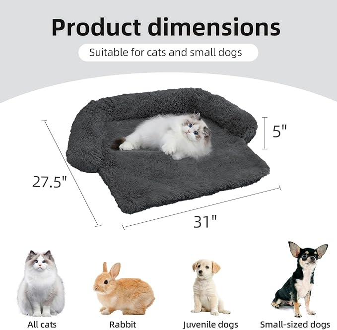 Calming Dog Bed Fluffy Plush Dog Mat for Furniture Protector with Removable Washable Cover for Large Medium Small Dogs and Cats (XS(31“x27.5”x5“), Dark Grey)