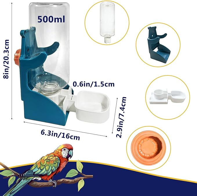 No Mess Bird Feeders with Water Dispenser Automatic Transparent Acrylic Food Container Drinker for Cage Automatic Parrot Feeder Seed Container Cage Accessories (Blue)