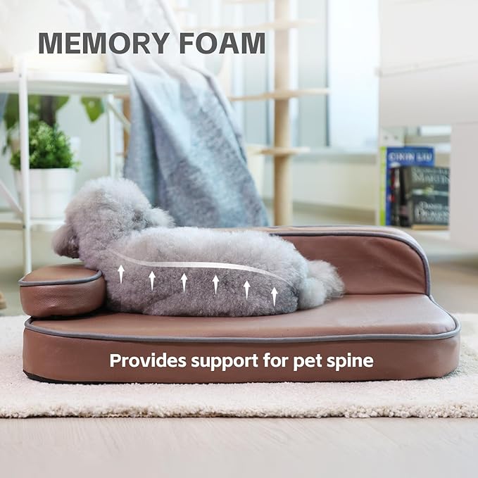 Dog Bed for Small Dogs, Easy Clean Dog Sofa Air-Leather-Fabric Pet Bed, Stain & Waterproof Dog Bed with Memory Foam & Washable Cover, with Pillow & Side Cushion, Brown, S Size