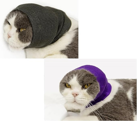 Pet War Flap Head Wrap (2 Pack), No Flap Ear Wrap Cat Small Headband Ears Happy Head Scarf Ear Wrap for Cats Grey+Purple S