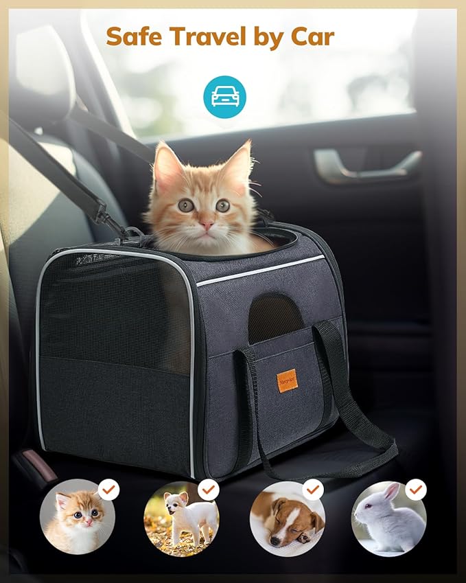 Morpilot Cat Carrier Soft - Portable Pet Carrier for Small or Medium Cats, Dogs and Puppy up to 14lbs, Airline Approved Dog Carrier with Safety Buckle and Foldable Bowl - 17 x 11 x 12 Inch (Dark Gray)