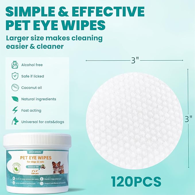 Eyes Wipes for Dogs & Cats 120 Counts, Grooming Kit Care for Dogs and Cats, Gently Remove Tear Stain, Eye Debris, Discharge, Mucus Secretions, Coconut Scent