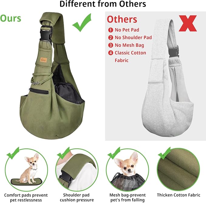 CUBY Dog and Cat Sling Carrier - Hands Free Reversible Pet Papoose Bag - Soft Pouch and Tote Design - Suitable for Puppy, Small Dogs Cats Outdoor (Green, Adjust strap 2.0)